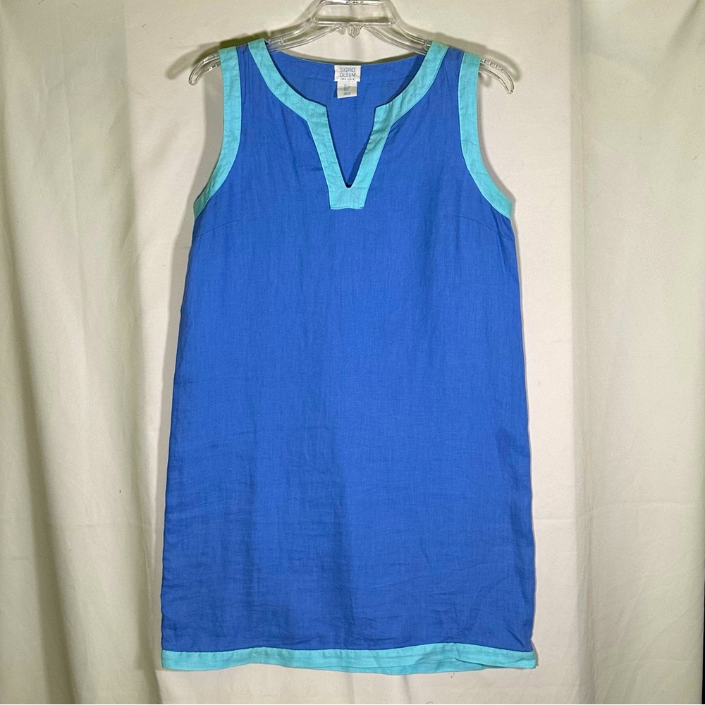Sigrid Olsen Blue and Aqua 100% Linen Dress Summer Spring Women's Small